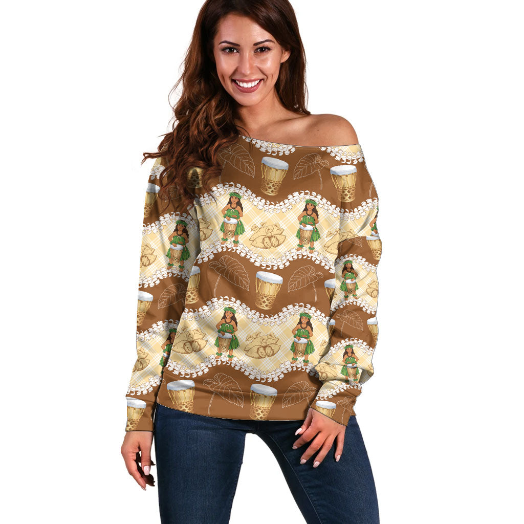 Hula Pahu Hawaii Makahiki Off Shoulder Sweater Hawaiian Puakenikeni Lei Kalo Uala Palaka Motifs LT14 Women Brown - Polynesian Pride