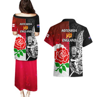 New Zealand And England Rugby Couples Matching Puletasi Dress and Hawaiian Shirt 2023 World Cup All Black Combine Red Roses LT14 - Polynesian Pride