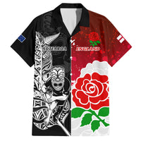 New Zealand And England Rugby Family Matching Off Shoulder Short Dress and Hawaiian Shirt 2023 World Cup All Black Combine Red Roses LT14 Dad's Shirt - Short Sleeve Black - Polynesian Pride