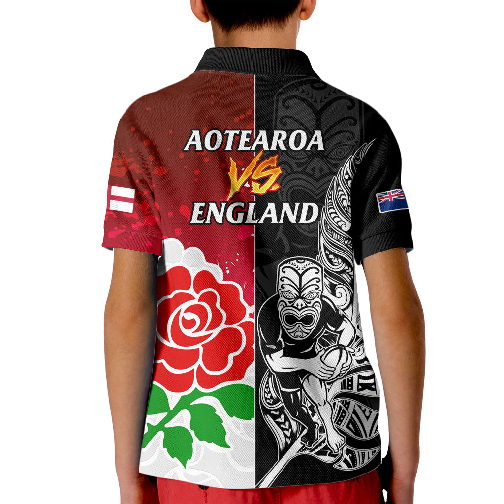 New Zealand And England Rugby Kid Polo Shirt 2023 World Cup All Black Combine Red Roses LT14 - Polynesian Pride