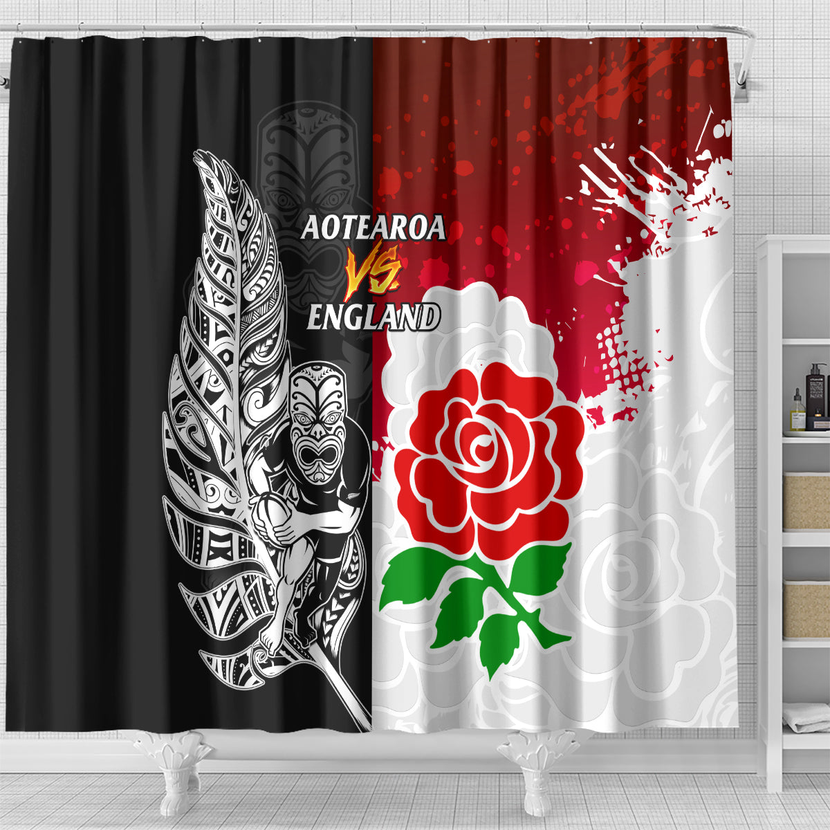 New Zealand And England Rugby Shower Curtain 2023 World Cup All Black Combine Red Roses LT14 - Polynesian Pride