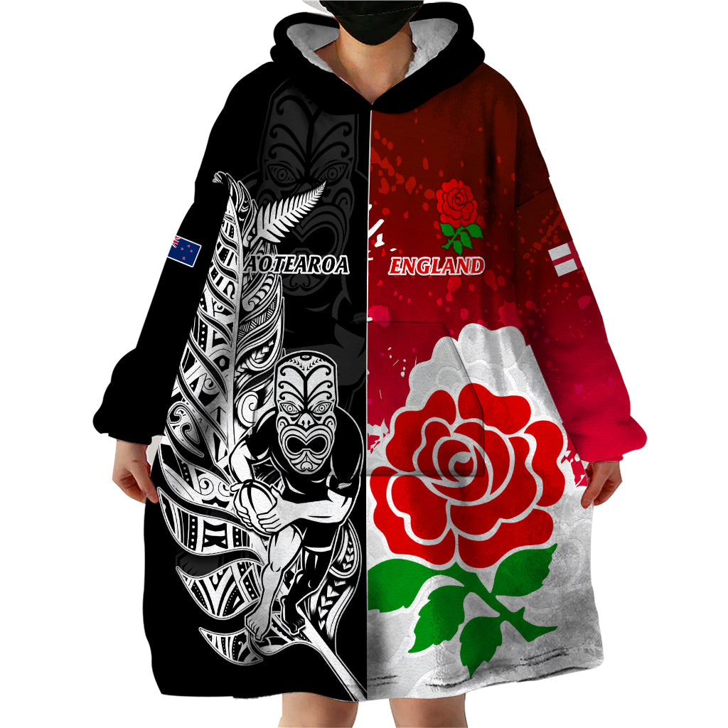 New Zealand And England Rugby Wearable Blanket Hoodie 2023 World Cup All Black Combine Red Roses LT14 - Polynesian Pride