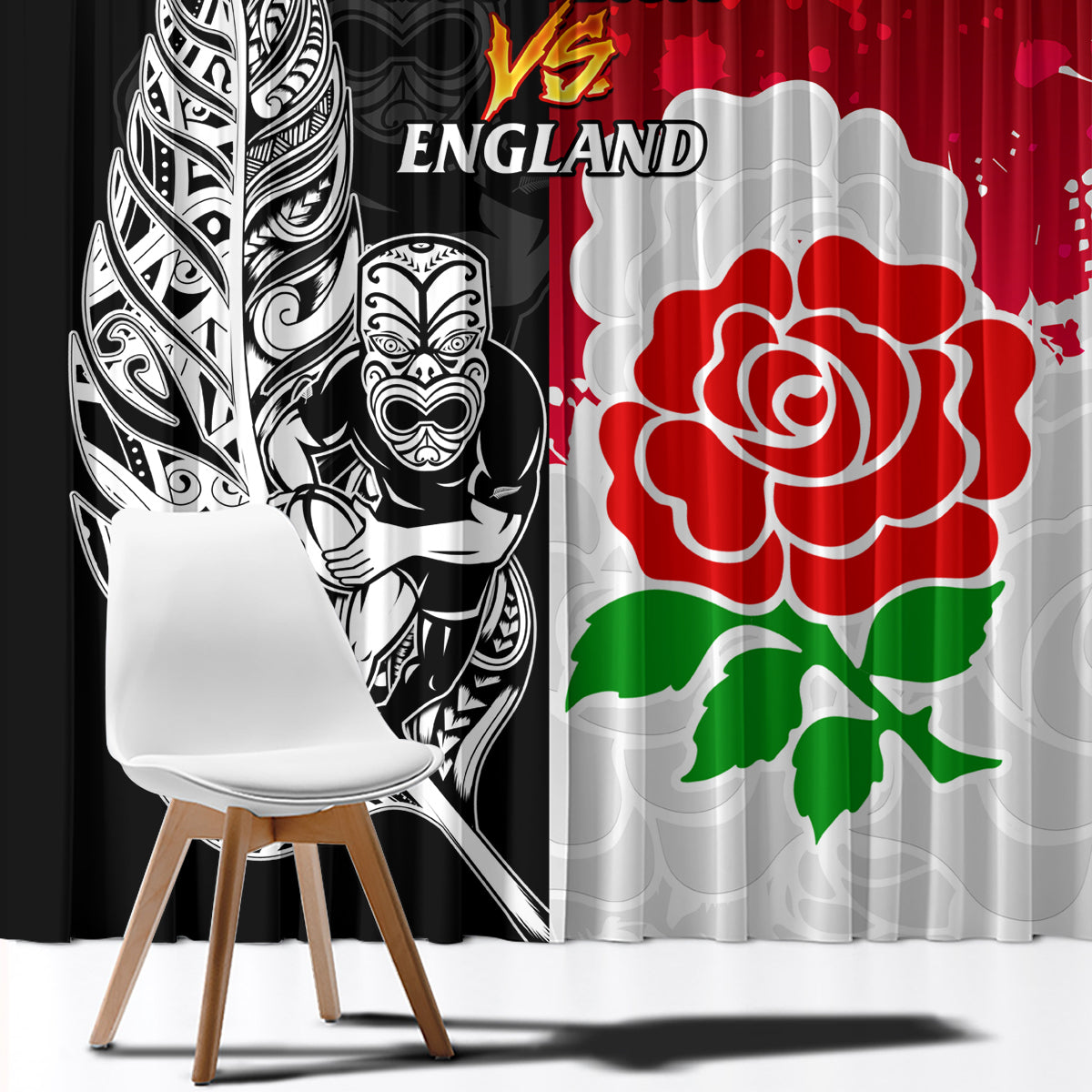 New Zealand And England Rugby Window Curtain 2023 World Cup All Black Combine Red Roses LT14 - Polynesian Pride