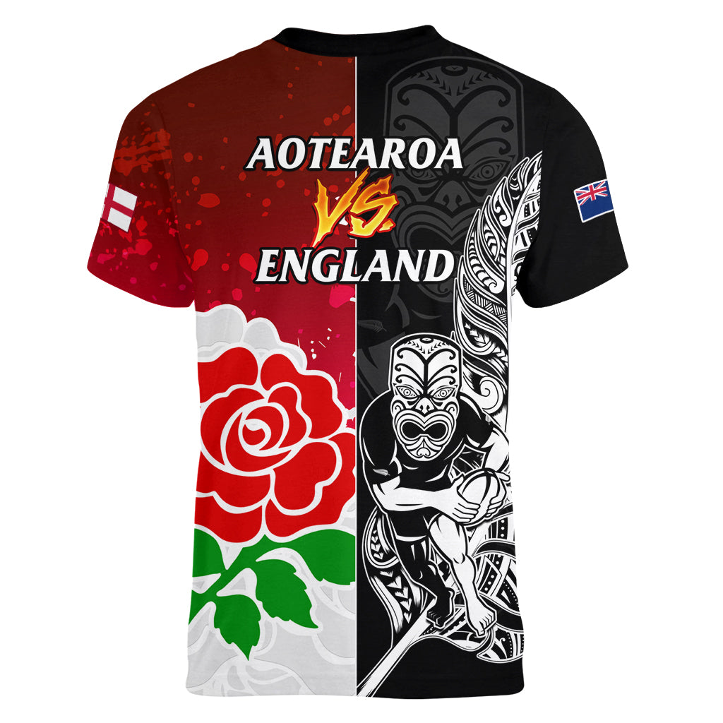 New Zealand And England Rugby Women V Neck T Shirt 2023 World Cup All Black Combine Red Roses LT14 - Polynesian Pride
