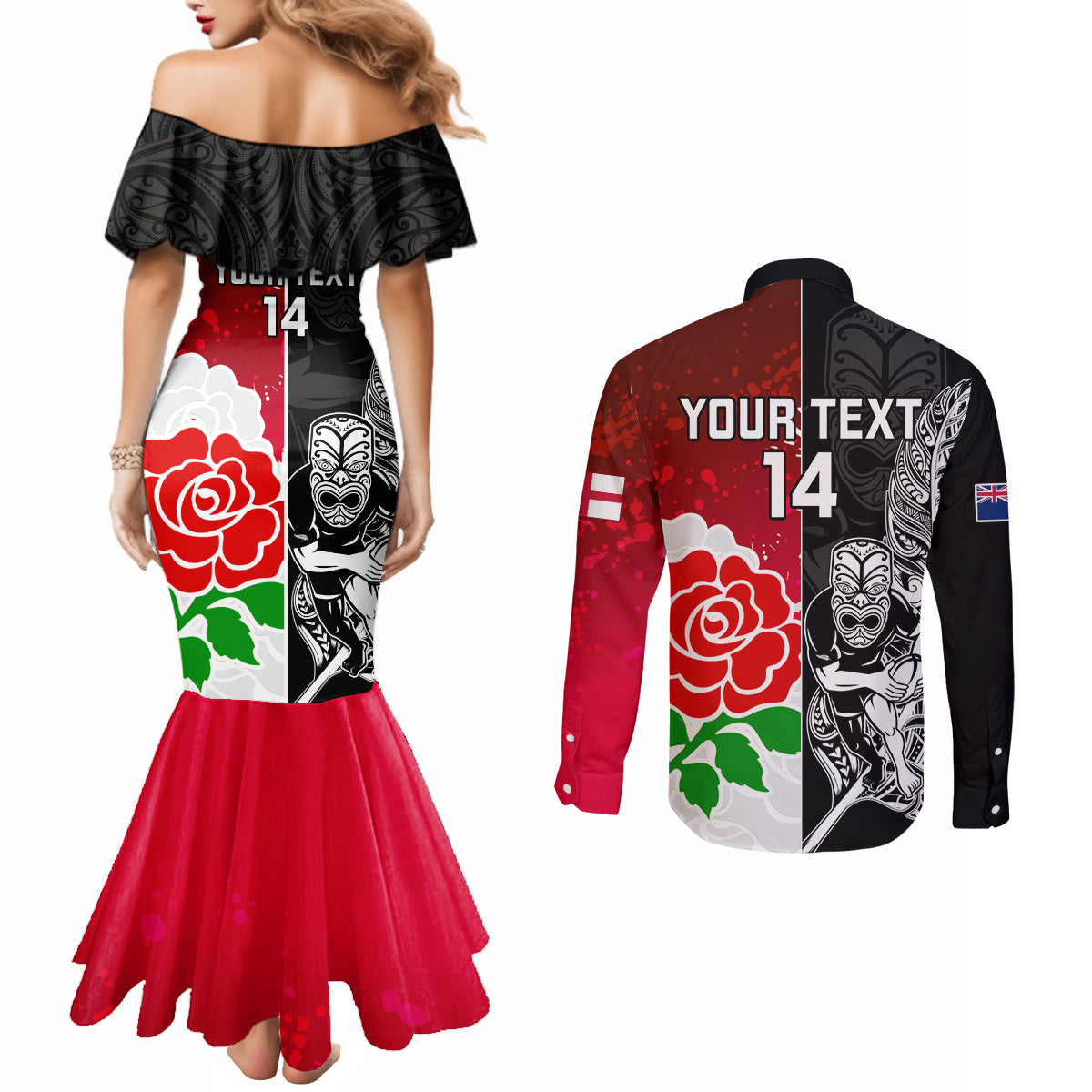 Custom New Zealand And England Rugby Couples Matching Mermaid Dress and Long Sleeve Button Shirt 2023 World Cup All Black Combine Red Roses LT14 - Polynesian Pride
