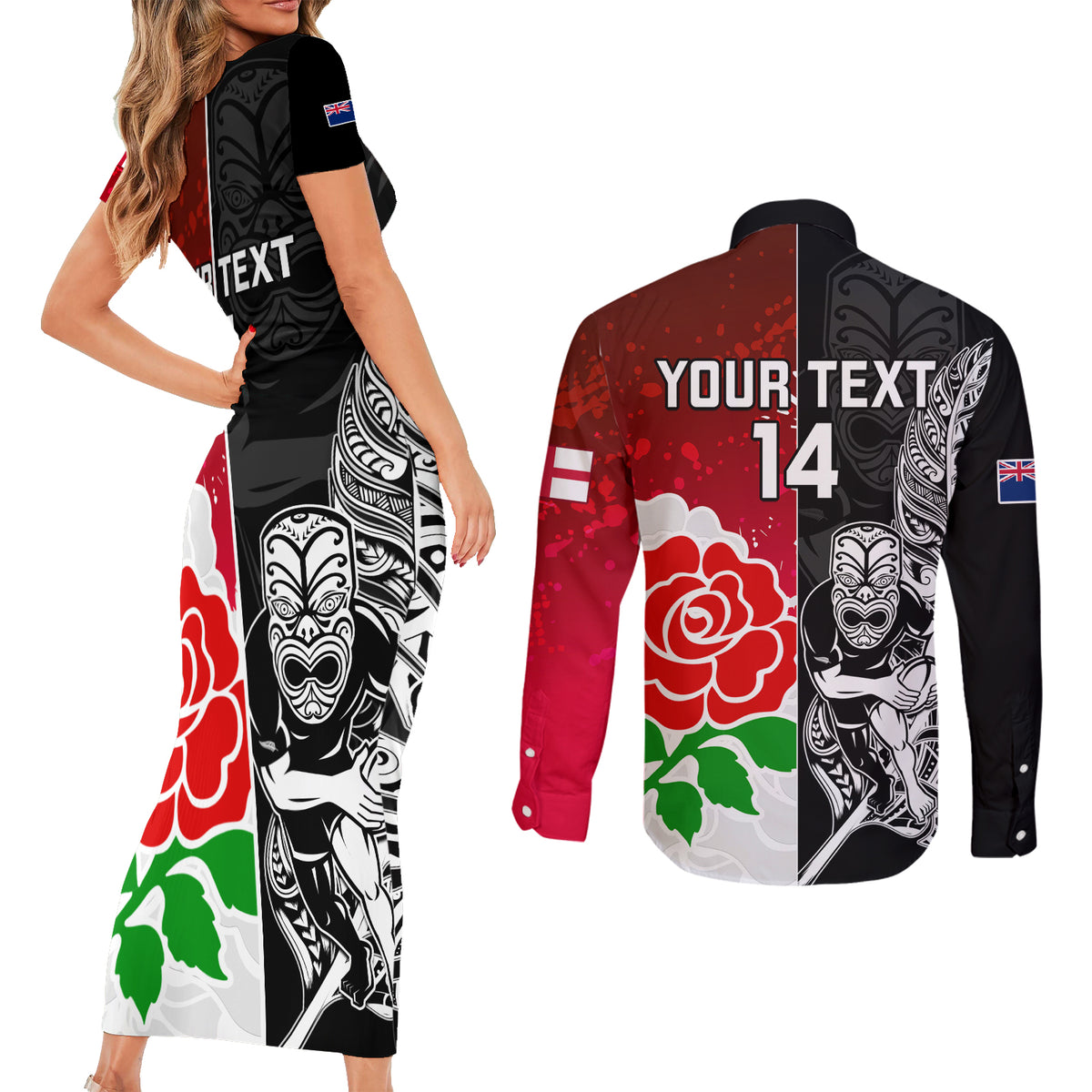 Custom New Zealand And England Rugby Couples Matching Short Sleeve Bodycon Dress and Long Sleeve Button Shirt 2023 World Cup All Black Combine Red Roses LT14 - Polynesian Pride