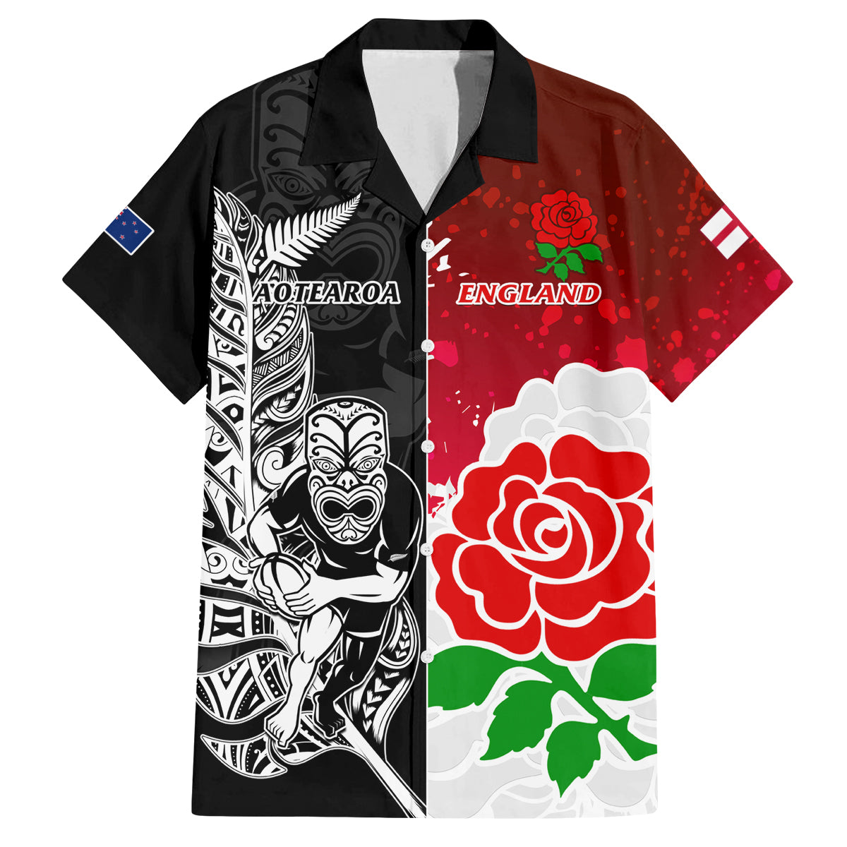 Custom New Zealand And England Rugby Family Matching Summer Maxi Dress and Hawaiian Shirt 2023 World Cup All Black Combine Red Roses LT14 Dad's Shirt - Short Sleeve Black - Polynesian Pride
