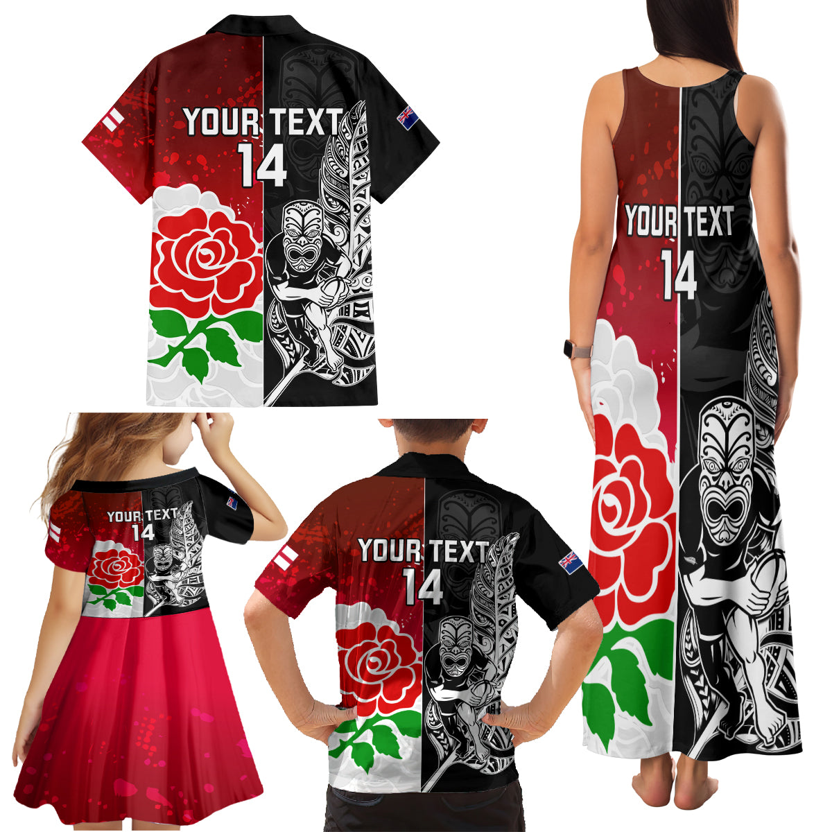 Custom New Zealand And England Rugby Family Matching Tank Maxi Dress and Hawaiian Shirt 2023 World Cup All Black Combine Red Roses LT14 - Polynesian Pride