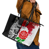 Custom New Zealand And England Rugby Leather Tote Bag 2023 World Cup All Black Combine Red Roses LT14 - Polynesian Pride