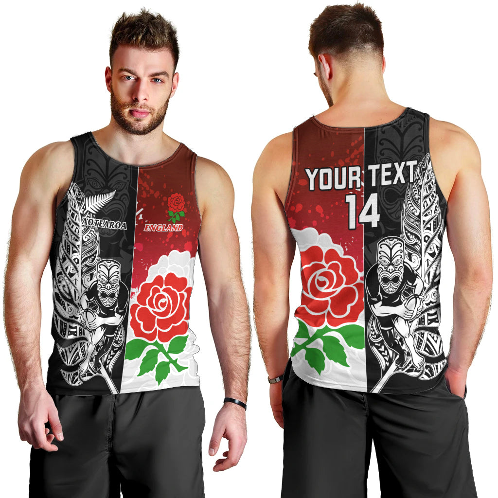 Custom New Zealand And England Rugby Men Tank Top 2023 World Cup All Black Combine Red Roses LT14 - Polynesian Pride