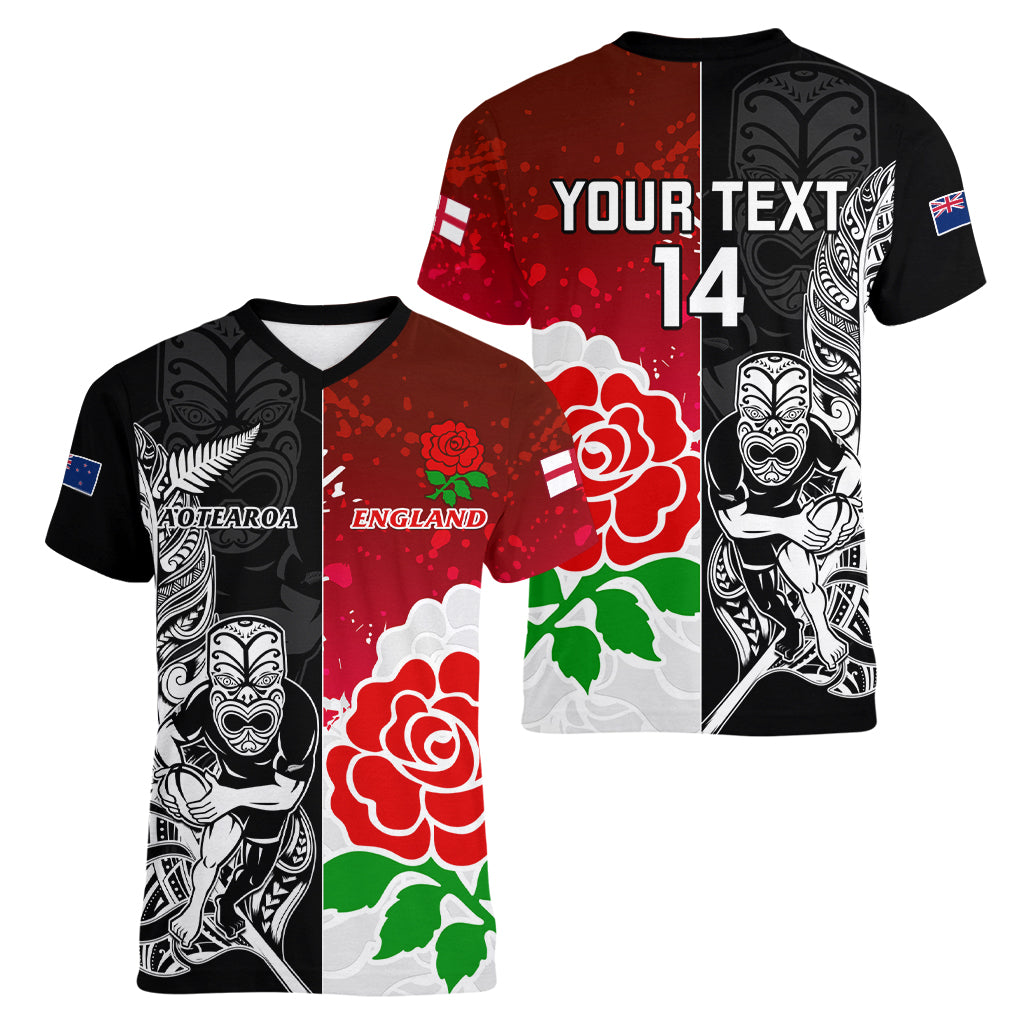 Custom New Zealand And England Rugby Women V Neck T Shirt 2023 World Cup All Black Combine Red Roses LT14 - Polynesian Pride