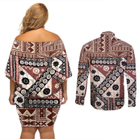 Bula Fiji Couples Matching Off Shoulder Short Dress and Long Sleeve Button Shirt Unique Masi Tapa Pattern LT14 - Polynesian Pride