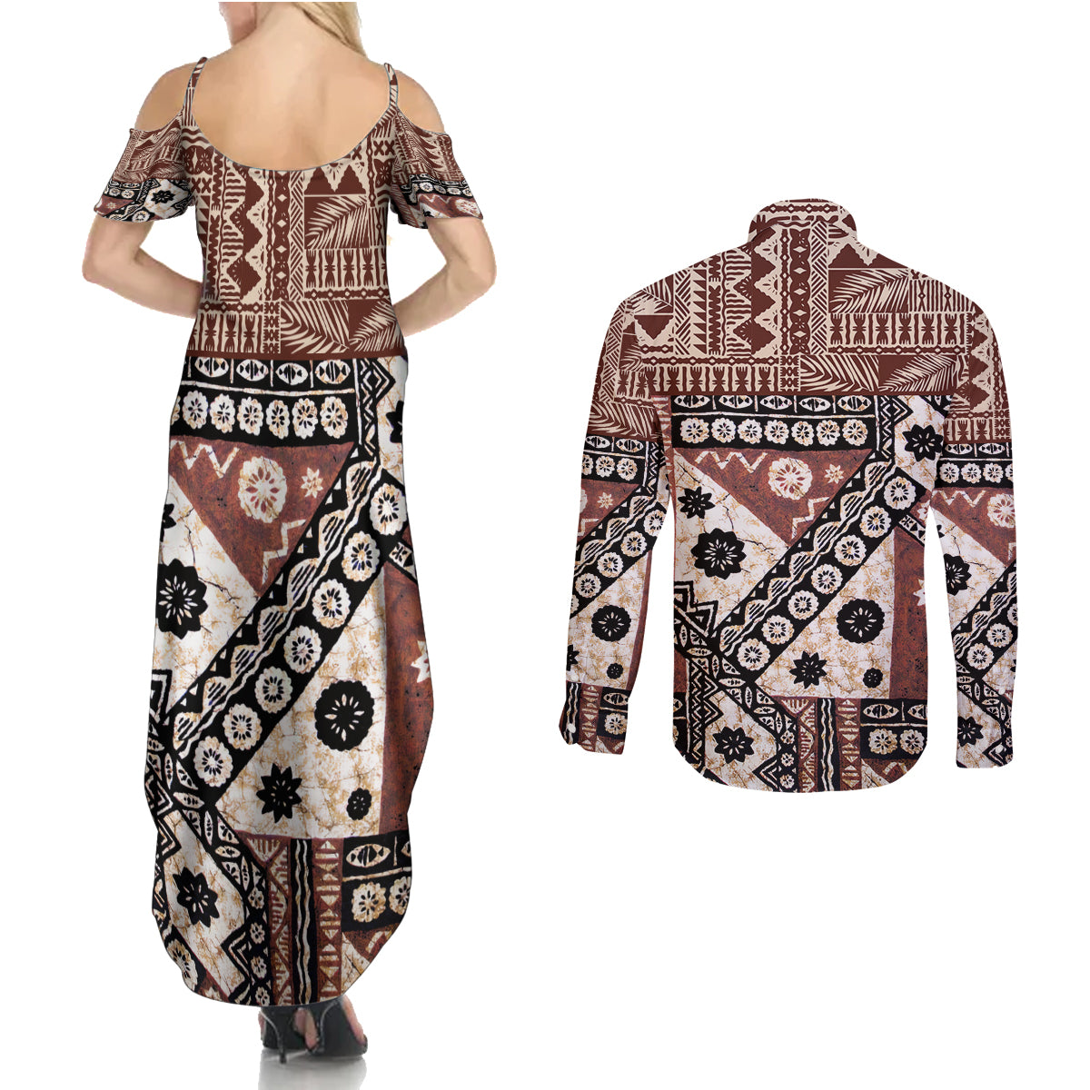 Bula Fiji Couples Matching Summer Maxi Dress and Long Sleeve Button Shirt Unique Masi Tapa Pattern LT14 - Polynesian Pride