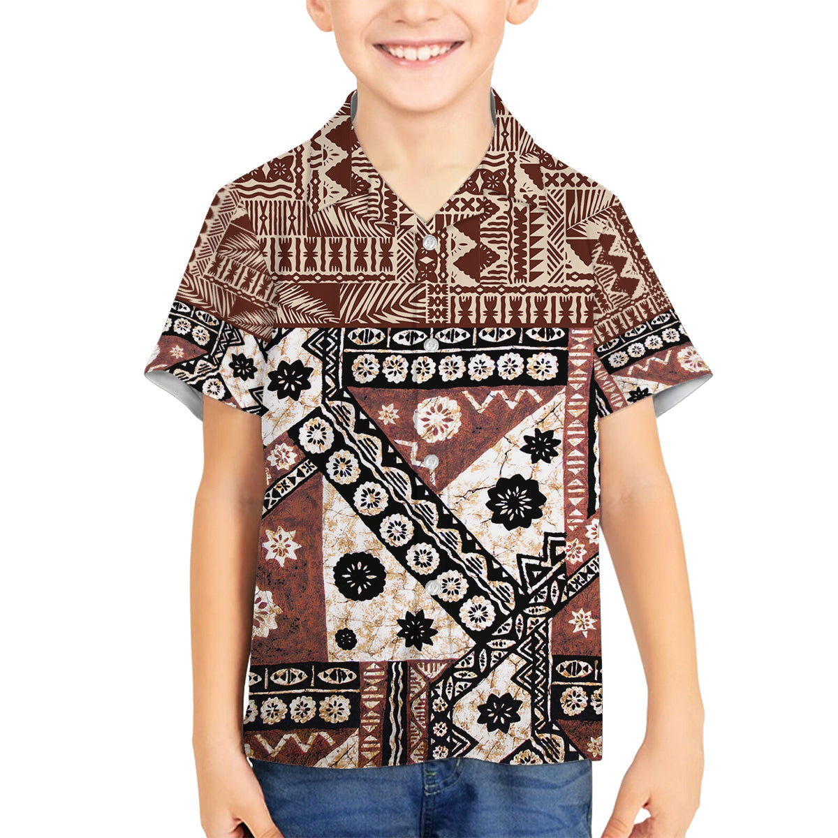 Bula Fiji Family Matching Long Sleeve Bodycon Dress and Hawaiian Shirt Unique Masi Tapa Pattern LT14 Son's Shirt Brown - Polynesian Pride