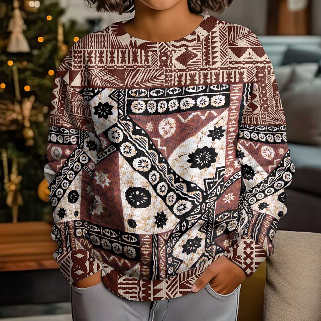 Brown Bula Fiji Kid Ugly Christmas Sweater Unique Masi Tapa Pattern LT14 - Polynesian Pride