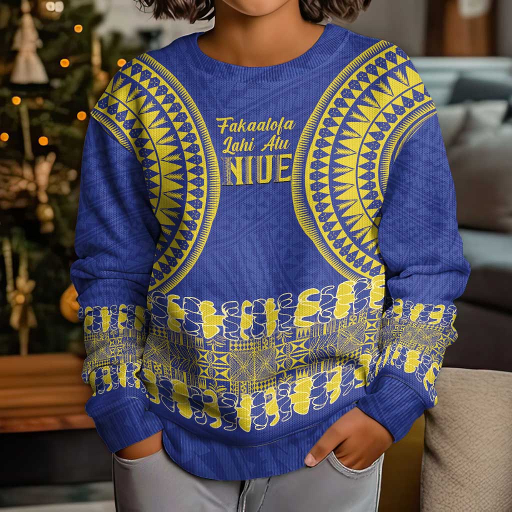 Fakaalofa Lahi Atu Niue Kid Ugly Christmas Sweater Siapo Pattern With Puakenikeni LT14 - Polynesian Pride