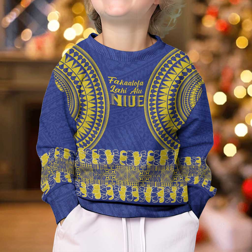Fakaalofa Lahi Atu Niue Kid Ugly Christmas Sweater Siapo Pattern With Puakenikeni LT14 - Polynesian Pride