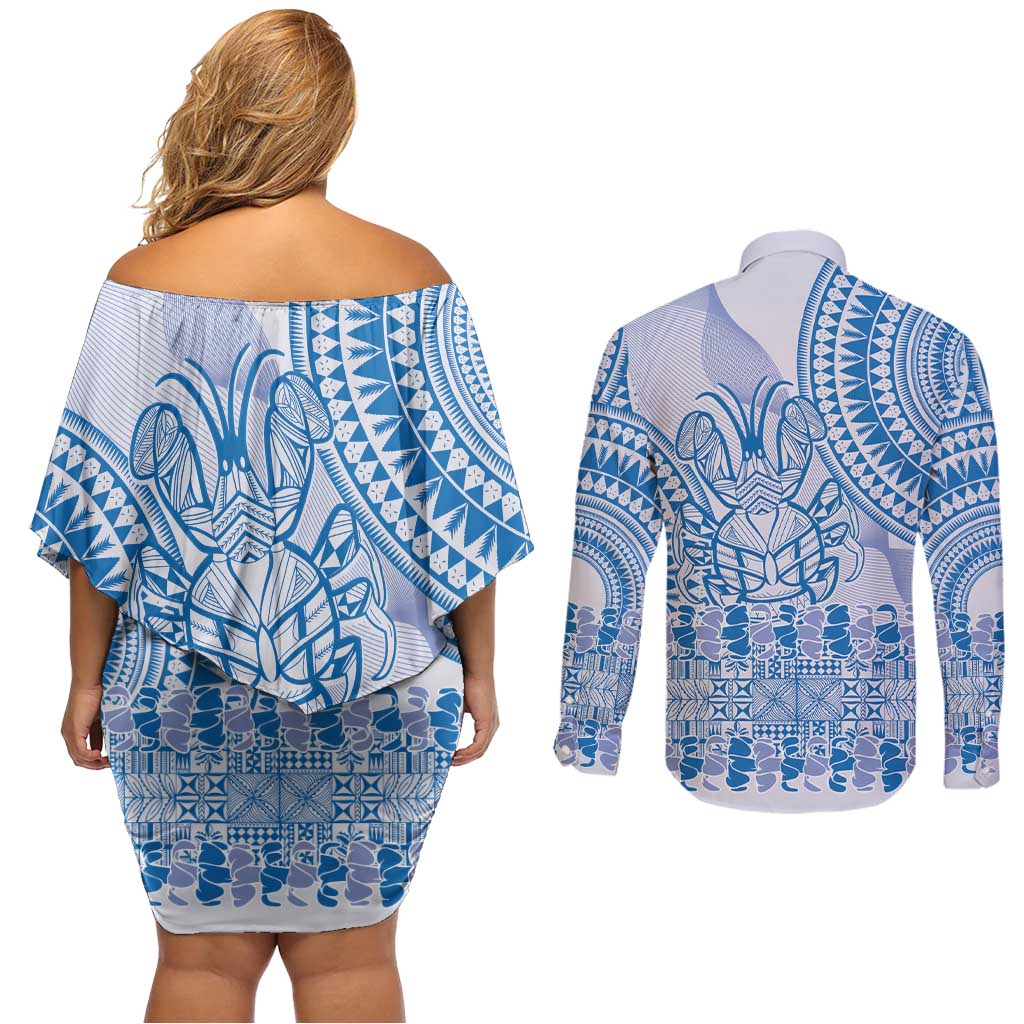 Niue Language Week Couples Matching Off Shoulder Short Dress and Long Sleeve Button Shirt The Rock Coconut Crab - Siapo Blue Pastel