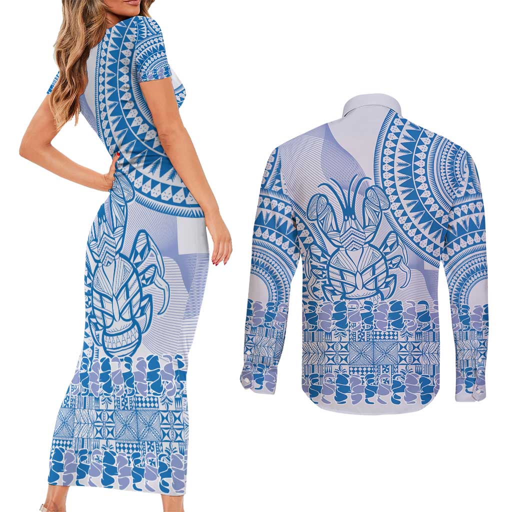 Niue Language Week Couples Matching Short Sleeve Bodycon Dress and Long Sleeve Button Shirt The Rock Coconut Crab - Siapo Blue Pastel