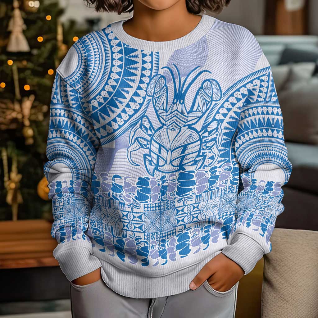 Niue Language Week Kid Ugly Christmas Sweater The Rock Coconut Crab - Siapo Blue Pastel LT14 - Polynesian Pride