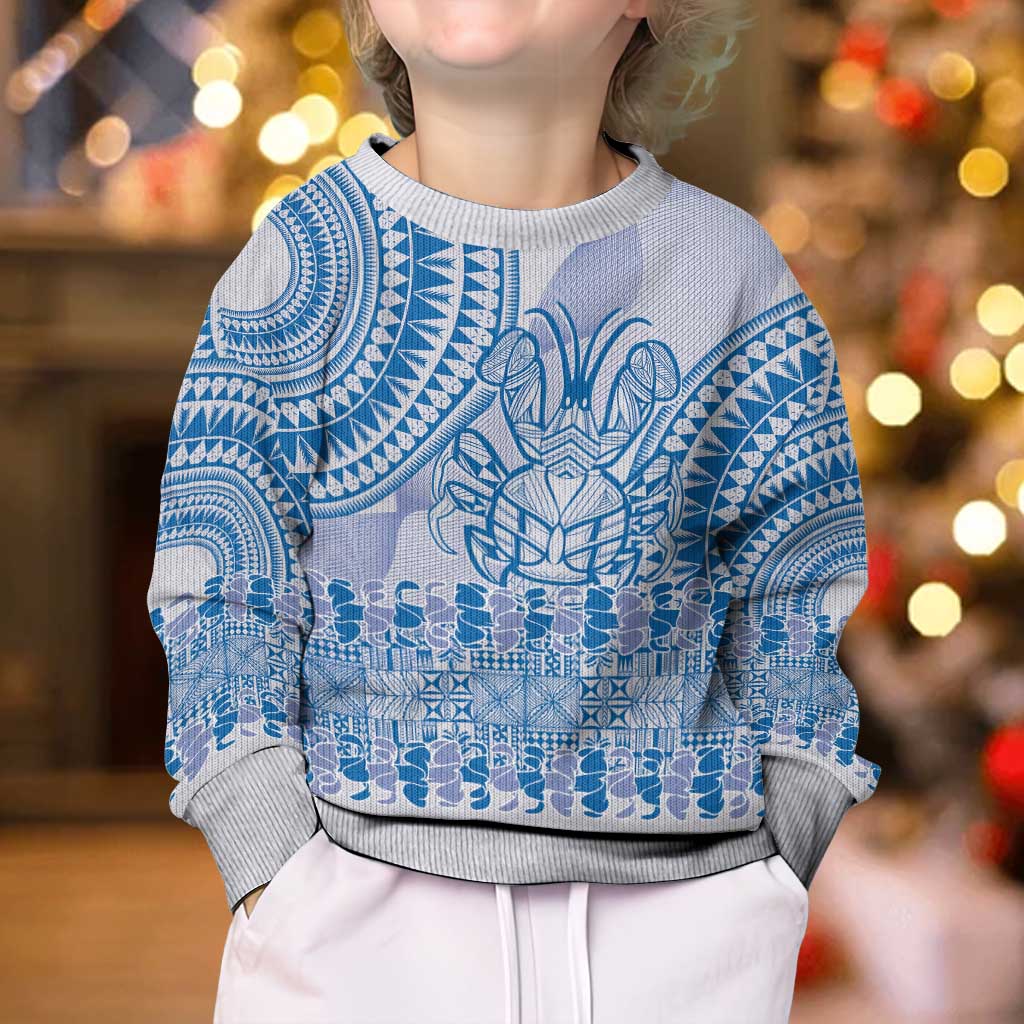 Niue Language Week Kid Ugly Christmas Sweater The Rock Coconut Crab - Siapo Blue Pastel LT14 - Polynesian Pride