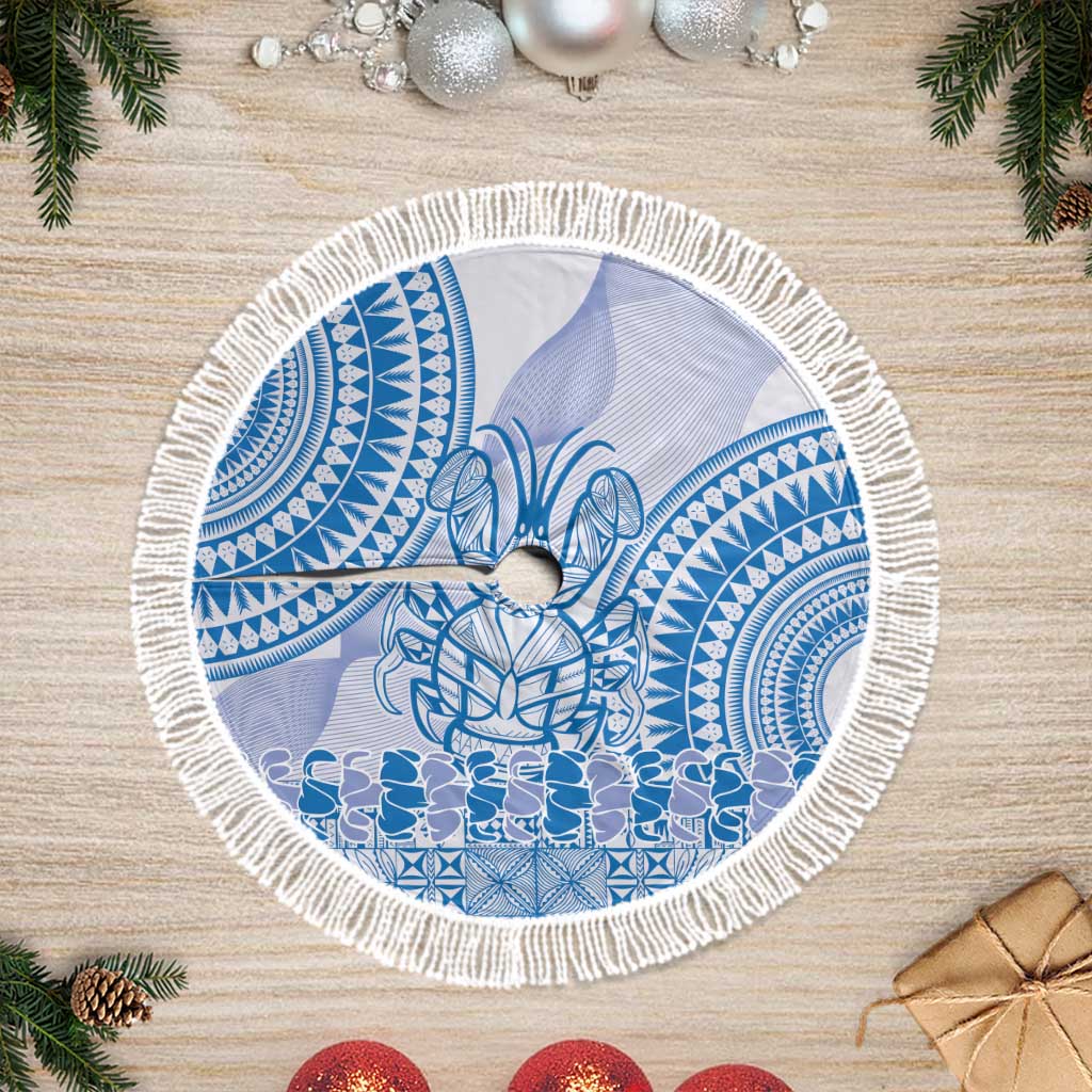 Niue Language Week Tree Skirt The Rock Coconut Crab - Siapo Blue Pastel LT14 Fringed Blue - Polynesian Pride
