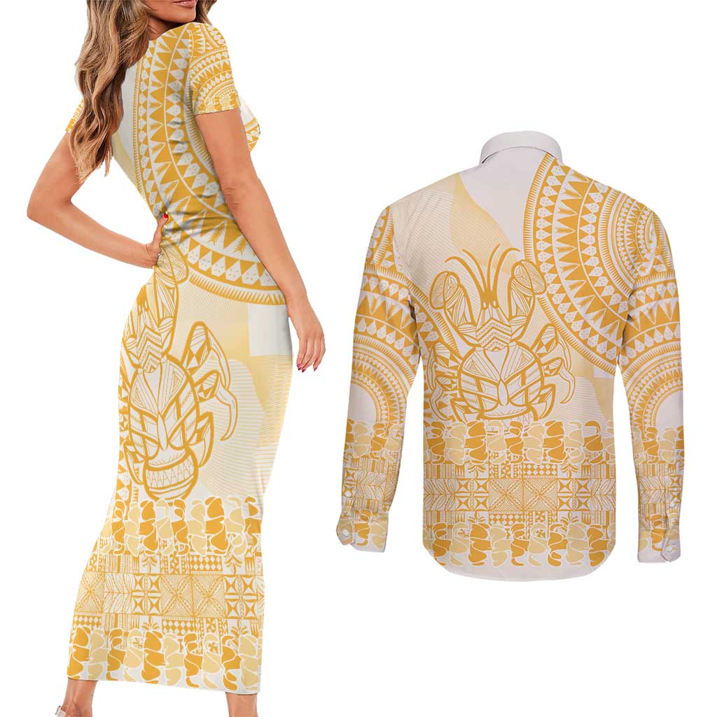 Niue Language Week Couples Matching Short Sleeve Bodycon Dress and Long Sleeve Button Shirt The Rock Coconut Crab - Siapo Gold Pastel