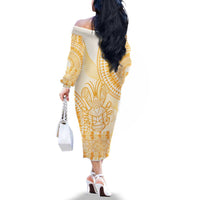 Niue Language Week Family Matching Off The Shoulder Long Sleeve Dress and Hawaiian Shirt The Rock Coconut Crab - Siapo Gold Pastel