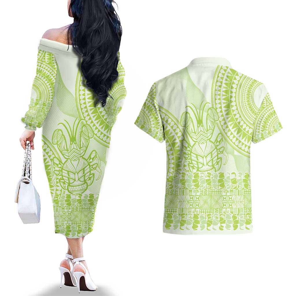 Lime Green Niue Language Week Couples Matching Off The Shoulder Long Sleeve Dress and Hawaiian Shirt The Rock Coconut Crab - Siapo Pattern