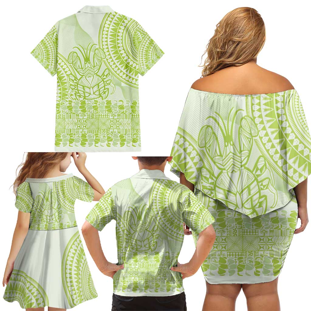 Lime Green Niue Language Week Family Matching Off Shoulder Short Dress and Hawaiian Shirt The Rock Coconut Crab - Siapo Pattern