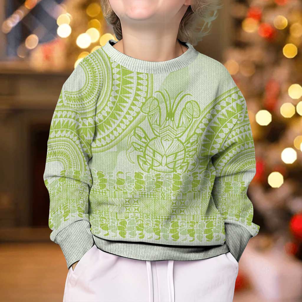 Lime Green Niue Language Week Kid Ugly Christmas Sweater The Rock Coconut Crab - Siapo Pattern LT14 - Polynesian Pride
