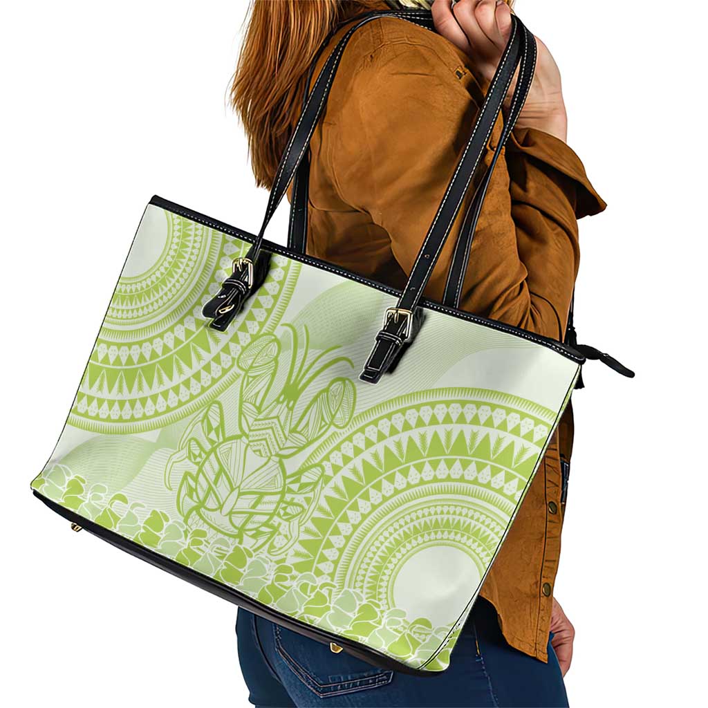 Lime Green Niue Language Week Leather Tote Bag The Rock Coconut Crab - Siapo Pattern