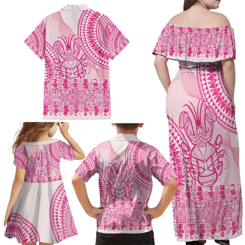 Pink Niue Language Week Family Matching Off Shoulder Maxi Dress and Hawaiian Shirt The Rock Coconut Crab - Siapo Pattern