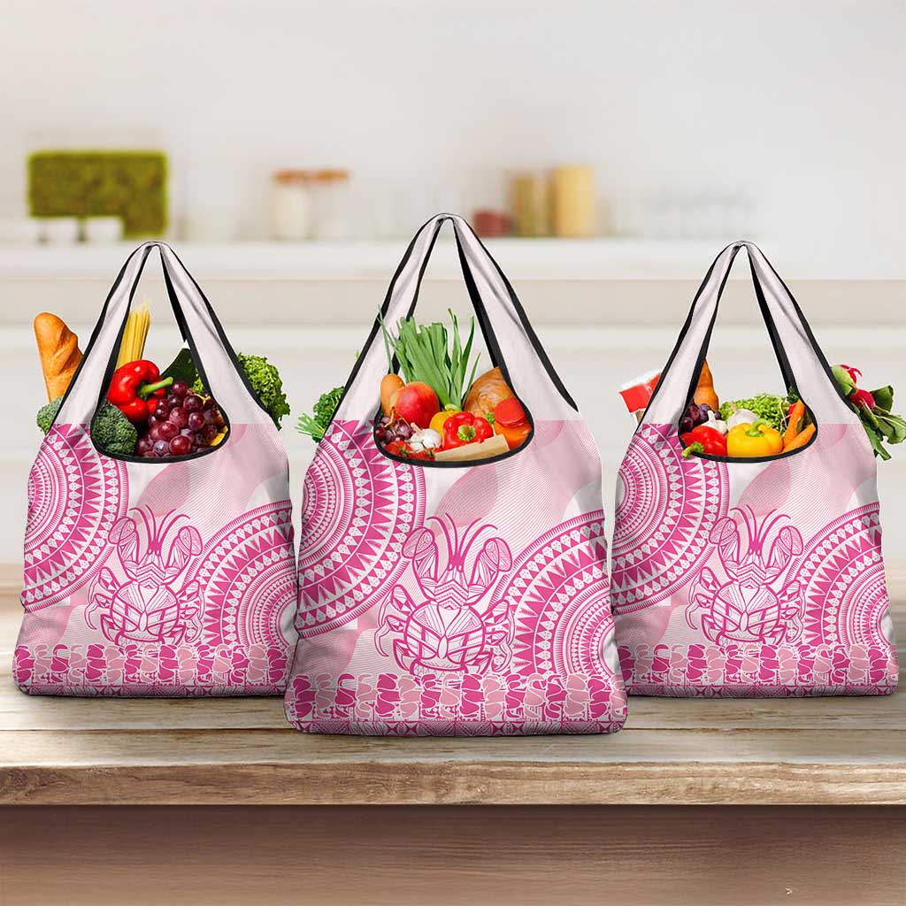 Pink Niue Language Week Grocery Bag The Rock Coconut Crab - Siapo Pattern