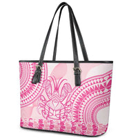 Pink Niue Language Week Leather Tote Bag The Rock Coconut Crab - Siapo Pattern