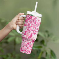 Pink Niue Language Week Tumbler With Handle The Rock Coconut Crab - Siapo Pattern