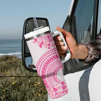 Pink Niue Language Week Tumbler With Handle The Rock Coconut Crab - Siapo Pattern