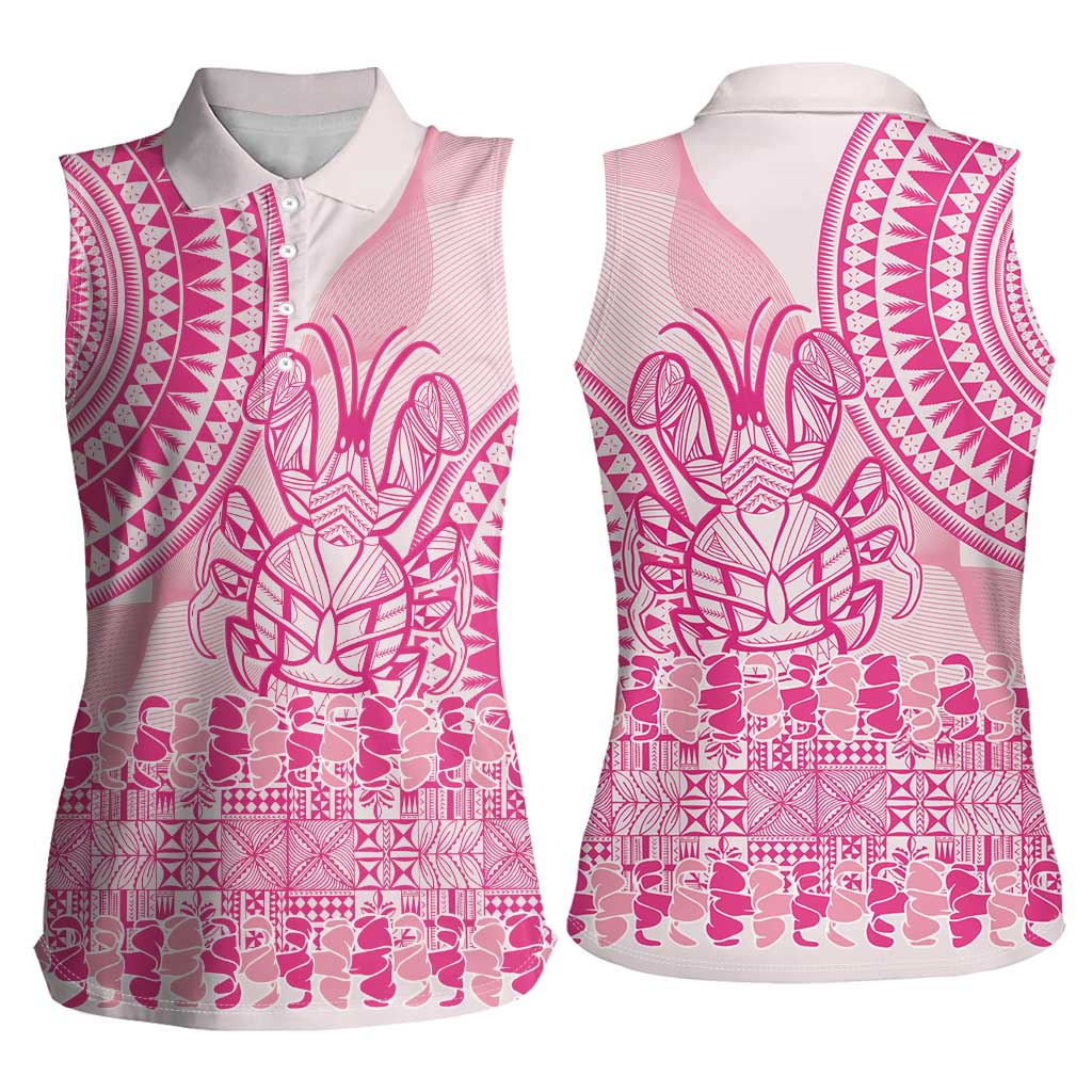 Pink Niue Language Week Women Sleeveless Polo Shirt The Rock Coconut Crab - Siapo Pattern LT14 - Polynesian Pride