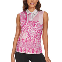 Pink Niue Language Week Women Sleeveless Polo Shirt The Rock Coconut Crab - Siapo Pattern LT14 - Polynesian Pride