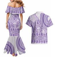 Purple Niue Language Week Couples Matching Mermaid Dress and Hawaiian Shirt The Rock Coconut Crab - Siapo Pattern