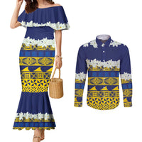 Tokelau Language Week Couples Matching Mermaid Dress and Long Sleeve Button Shirt Tokelauan Tuluma With Gardenia Thunbergia