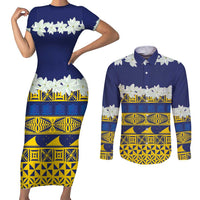 Tokelau Language Week Couples Matching Short Sleeve Bodycon Dress and Long Sleeve Button Shirt Tokelauan Tuluma With Gardenia Thunbergia