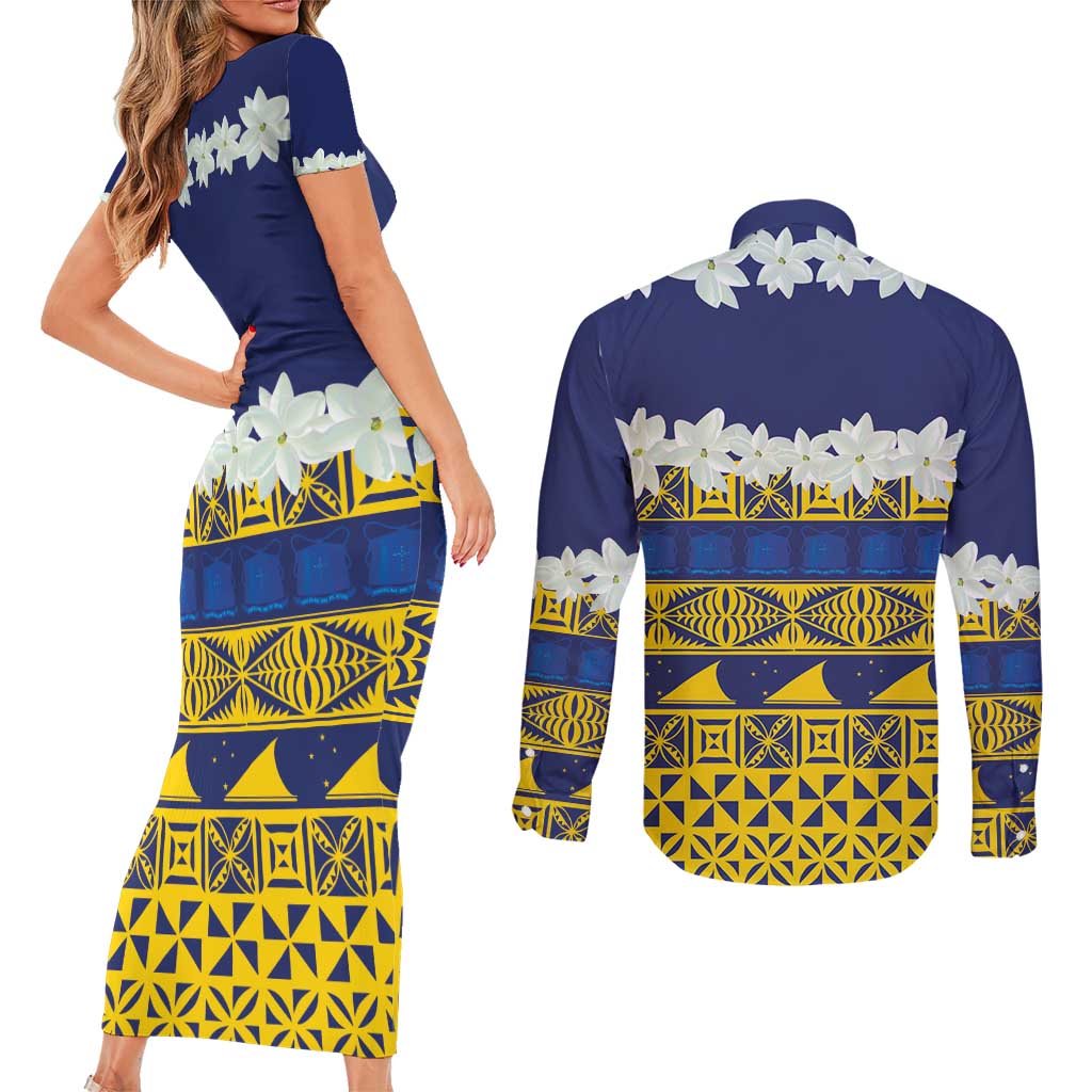 Tokelau Language Week Couples Matching Short Sleeve Bodycon Dress and Long Sleeve Button Shirt Tokelauan Tuluma With Gardenia Thunbergia