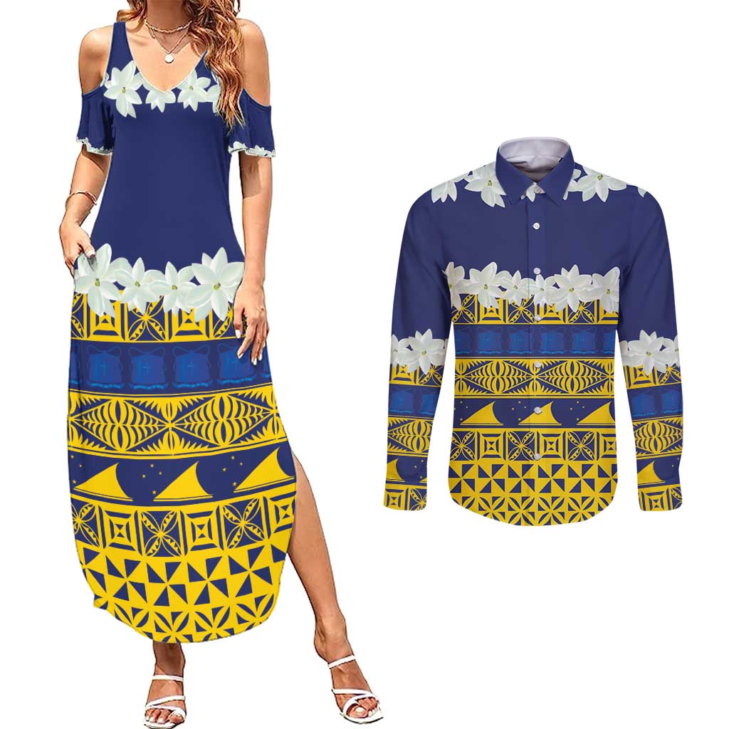 Tokelau Language Week Couples Matching Summer Maxi Dress and Long Sleeve Button Shirt Tokelauan Tuluma With Gardenia Thunbergia