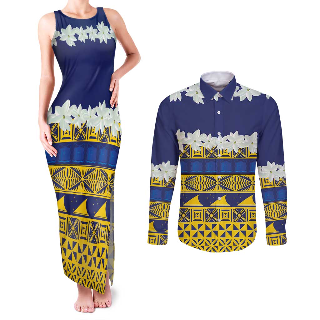 Tokelau Language Week Couples Matching Tank Maxi Dress and Long Sleeve Button Shirt Tokelauan Tuluma With Gardenia Thunbergia