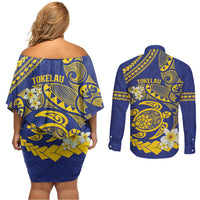 Te Vaiaho o te Gagana Tokelau Couples Matching Off Shoulder Short Dress and Long Sleeve Button Shirt Polynesian Turtle - Malo Ni!