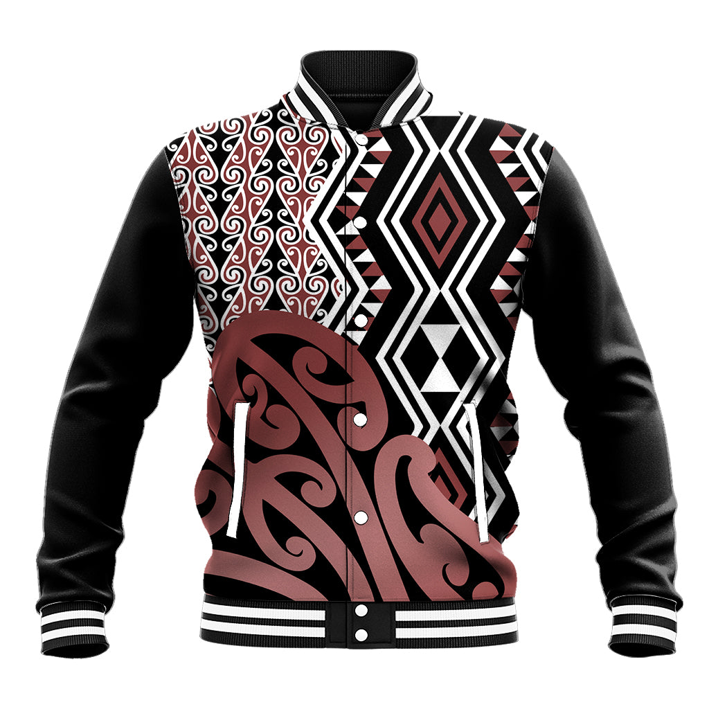 New Zealand Baseball Jacket Aotearoa Kowhaiwhai Mix Taniko Art LT14 Unisex Brown - Polynesian Pride