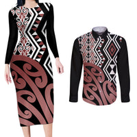 New Zealand Couples Matching Long Sleeve Bodycon Dress and Long Sleeve Button Shirt Aotearoa Kowhaiwhai Mix Taniko Art LT14 Brown - Polynesian Pride
