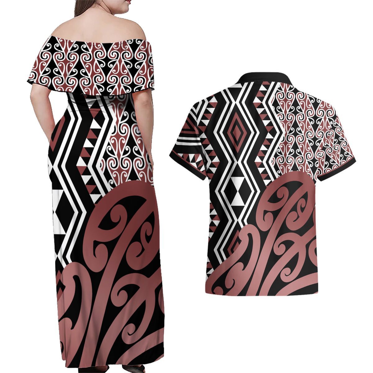 New Zealand Couples Matching Off Shoulder Maxi Dress and Hawaiian Shirt Aotearoa Kowhaiwhai Mix Taniko Art LT14 - Polynesian Pride