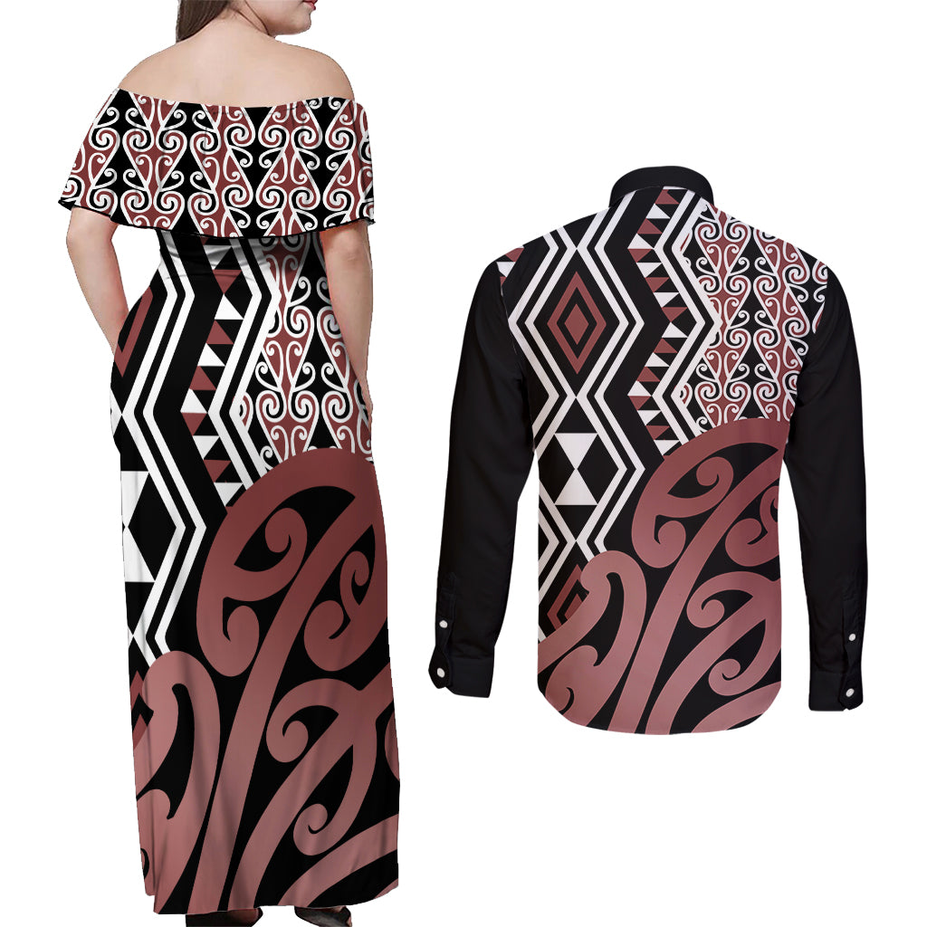 New Zealand Couples Matching Off Shoulder Maxi Dress and Long Sleeve Button Shirt Aotearoa Kowhaiwhai Mix Taniko Art LT14 - Polynesian Pride